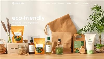 An online marketplace homepage featuring a selection of eco-friendly products displayed in a visually appealing layout, with earthy tones and nature-inspired elements, conveying the essence of sustainable living and conscious consumerism.