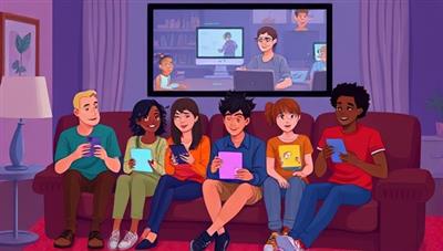 A digital illustration showing a diverse group of friends sitting in a virtual living room environment, each interacting with their devices to make decisions during an interactive movie screening, with animated film characters reacting dynamically to their choices, illustrating a fun and engaging viewing experience.