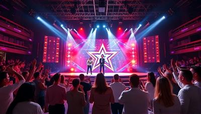 An immersive visual of a virtual talent show stage with vibrant lights, cheering virtual audience members, and talented performers showcasing their skills, creating a dynamic and exciting atmosphere within the TalentSphere platform.
