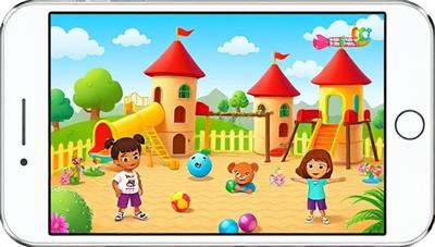 A colorful and whimsical digital playground scene within the app interface, featuring animated characters engaging in educational games and activities that promote early learning skills, creating a vibrant and playful learning environment.