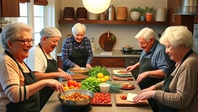 A cozy kitchen setting with seniors joyfully cooking together, surrounded by fresh ingredients, culinary tools, and recipe cards, exuding warmth, camaraderie, and shared culinary creativity.