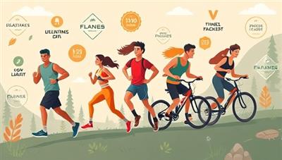 A digital illustration of a diverse group of avatars engaging in outdoor fitness activities like running, cycling, and hiking, surrounded by virtual badges, fitness trackers, and motivational quotes, creating an immersive and adventurous fitness experience that motivates users to stay active and healthy.