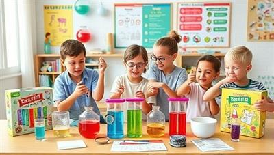 An assortment of colorful DIY science experiment kits featuring test tubes, magnifying glasses, and lab tools, surrounded by educational posters, activity booklets, and excited kids exploring the world of science through hands-on experiments in a home setting.