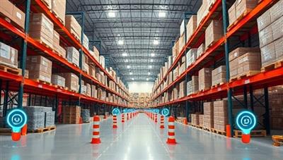 An advanced warehouse facility with IoT sensors placed strategically throughout, collecting real-time data on inventory movement and storage, showcasing the seamless integration of technology in warehouse operations.