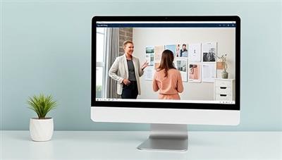 A virtual interior design consultation session displayed on a computer screen, featuring a designer presenting mood boards and color schemes to a client, illustrating creativity and collaboration in design decisions.