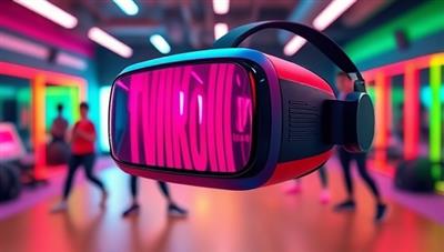 A virtual reality headset displaying a vibrant and futuristic workout setting with digital trainers guiding users through dynamic exercise routines, surrounded by an energetic and motivating atmosphere.