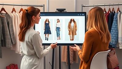 An artistic representation of a virtual personal styling session, featuring a stylist and a client discussing fashion looks on a digital screen, surrounded by clothing racks and accessories, conveying style expertise and personalized fashion advice.