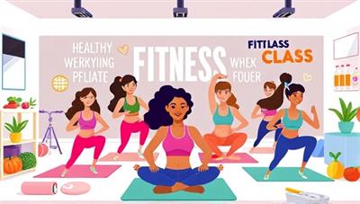 A vibrant digital illustration showcasing a diverse group of individuals participating in a virtual fitness class, with motivational quotes, workout equipment, and healthy food options in the background, conveying a sense of community and holistic well-being.