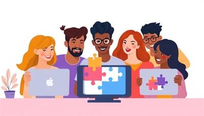 An illustration of a diverse group of friends collaborating online, each interacting with a different puzzle element on their screens, showcasing teamwork and virtual engagement.