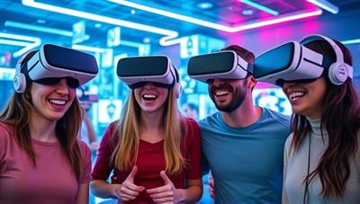 A group of friends wearing VR headsets, laughing and strategizing together in a visually captivating digital escape room filled with futuristic puzzles and challenges.