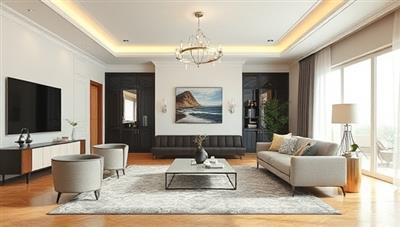 An elegant living room setting with virtual design elements overlaid, showcasing a modern and sophisticated interior design concept, blending virtual and real elements seamlessly, representing the transformative power of RoomRevive's services.
