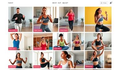 A vibrant digital interface displaying a diverse array of workout classes, with energetic trainers leading sessions and users engaging in exercises from their living rooms, showcasing inclusivity and motivation.