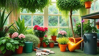 An inviting virtual garden oasis with lush greenery, blooming flowers, and a variety of potted plants, surrounded by gardening tools, watering cans, and gardening gloves, creating a tranquil and inspirational space for plant enthusiasts to immerse themselves in the world of gardening and plant care, fostering a sense of connection with nature and sustainable living.