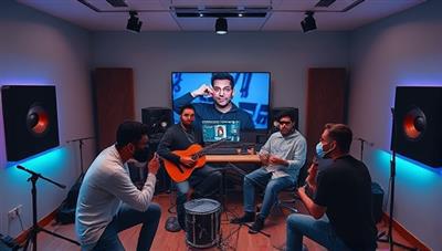 A virtual music studio environment with musicians collaborating on a digital music project, receiving feedback from industry mentors, and engaging in creative music production, highlighting the spirit of mentorship, collaboration, and musical growth in a digital space.