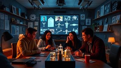 An immersive virtual escape room setting with a group of friends on a video call, each focused on solving a different puzzle element, surrounded by digital clues and mysterious artifacts, creating a sense of teamwork and adventure.