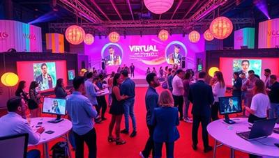 A vibrant and dynamic virtual event setup with digital avatars interacting in a virtual space, showcasing the versatility and excitement of online gatherings.