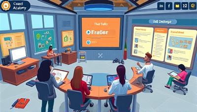 An educational gaming environment featuring a virtual academy setting with interactive lessons, skill challenges, and progress trackers, where avatars engage in learning activities, receive feedback, and level up their skills, symbolizing the transformative and empowering experience of SkillForge Academy.