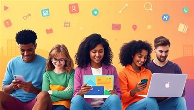 An engaging and vibrant digital illustration of diverse Gen Z individuals interacting with colorful insurance-themed educational content on their smartphones and laptops, symbolizing modern insurance education and empowerment.