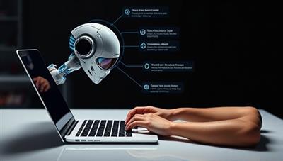 An artistic representation of a futuristic AI writing assistant, depicted as a sleek, digital entity providing suggestions and corrections to a writer typing on a laptop, symbolizing efficiency and innovation in the writing process.