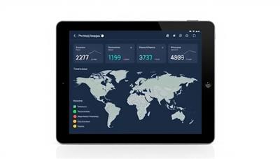 An interactive property management dashboard displayed on a tablet, showing real-time updates on rental income, maintenance requests, and tenant communications, with a map interface indicating property locations worldwide, symbolizing the convenience and control offered by remote property management services.