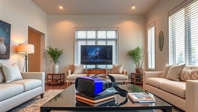 An elegantly staged living room with smart lighting, automated blinds, and a virtual reality headset on a stylish coffee table, highlighting the fusion of technology and design in home staging.