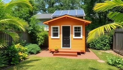 A compact backyard showcasing a completed tiny home built from one of MiniDream Dwellings' construction kits, surrounded by lush greenery and solar panels, embodying sustainable living and minimalist design.