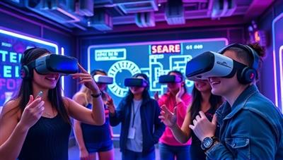A virtual reality escape room setting with players wearing VR headsets, interacting with virtual puzzles and clues in a futuristic environment, highlighting the teamwork and excitement of solving challenges in a virtual world.