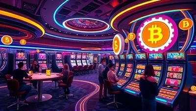An innovative digital artwork featuring a futuristic casino environment where players interact with digital currency symbols and crypto-themed decor, conveying the cutting-edge nature of the crypto casino subscription service.
