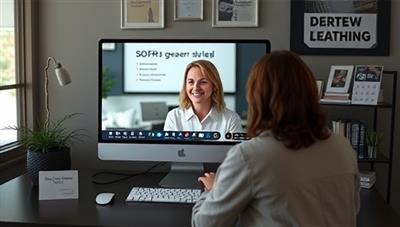 A virtual career coaching session featuring a career coach discussing job search strategies, resume tips, and interview techniques with a client via video call, surrounded by career development resources and success stories, creating a professional and supportive career advancement atmosphere.