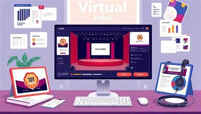 An illustration of a virtual event platform interface on a computer screen, displaying a virtual stage setup, interactive chat features, and branded event graphics, surrounded by event planning tools, mood boards, and a headset, showcasing the creativity and technical precision of virtual event planning services.