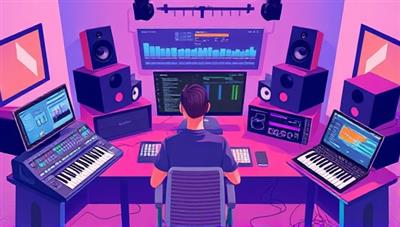 A dynamic digital illustration of a virtual music production session in progress, featuring a producer working on a track with a remote artist, surrounded by mixing boards, instruments, and digital music software interfaces, capturing the creative and collaborative essence of virtual music production.