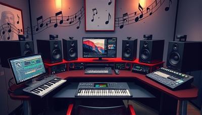 An artistic representation of a music studio setup with digital audio workstations, MIDI controllers, and studio monitors, surrounded by creative musical elements like notes and sound waves, evoking a professional and inspiring music production environment.