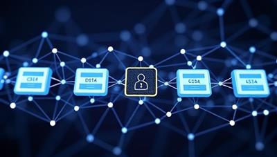A blockchain network visualization representing the decentralized and transparent nature of credential verification, with encrypted credential data blocks linked together in a secure and immutable chain, symbolizing trust, security, and authenticity in credential verification processes.