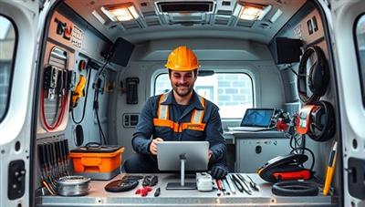 An image of a technician in a bright, mobile repair van, surrounded by a variety of mobile devices and tools, showcasing the convenience and efficiency of on-the-go repair services.