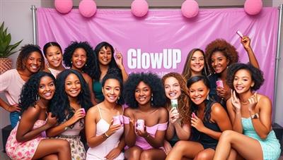 A captivating visual representation of the GlowUp Ambassadors program, showcasing a group of diverse individuals posing with beauty products, creating content for social media, and engaging with the brand's community in a lively and inclusive atmosphere, embodying the spirit of beauty empowerment and representation.