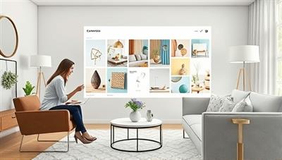 An artistic rendering of a virtual interior design consultation session, with a designer sharing design concepts on a digital mood board with a client, creating a collaborative and visual design experience through DesignScope's virtual platform.