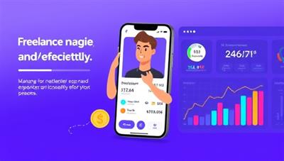 An animated app interface screenshot displaying a freelancer managing expenses and income effortlessly, with colorful graphs and charts representing financial data in a visually appealing and user-friendly format, illustrating the convenience of FreelanceFinTrack.