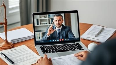 An online legal consultation in progress, with a real estate attorney providing advice to a client via video call, surrounded by legal documents and a laptop displaying property contracts, conveying professionalism and legal expertise in real estate matters.