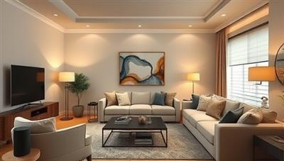 An elegant living room setting with various smart home devices seamlessly integrated, such as voice-controlled lighting, smart speakers, and automated window blinds, illustrating a modern and sophisticated home environment.