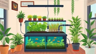An artistic illustration showing a compact aquaponics system setup in a modern urban apartment, combining fish tanks and plant beds in a harmonious and aesthetically pleasing indoor garden, inspiring DIY enthusiasts and urban farmers.