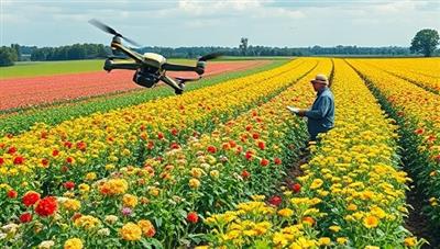 A modern agricultural field with robotic drones buzzing around pollinating crops, a farmer monitoring the operation from a control center, and fields of blooming flowers and fruits, illustrating the efficient and precise robotic pollination services provided by RoboPollen for enhanced crop production.