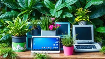 An eye-catching visual representation of discarded electronic devices being transformed into vibrant planters and eco-friendly decor items in a lush green setting, symbolizing the concept of tech recycling and environmental consciousness.