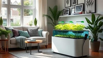 An aesthetically pleasing living room corner with a sleek aquaponic herb garden kit on display, surrounded by lush greenery and natural light, evoking a sense of sustainable and stylish home decor.