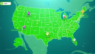 A digital map interface displaying a network of sustainable charging stations across the country, with icons representing eco-friendly power sources and availability status, conveying a green and futuristic transportation ecosystem.