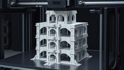 An artistic visualization of a 3D printer creating a complex concrete structure with precision and intricacy, showcasing the technology's potential for innovative architectural designs and construction methods.