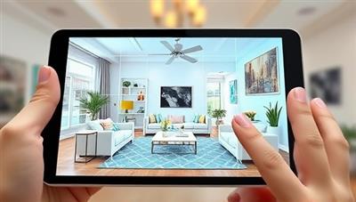 An AR visualization of a living room on a tablet screen, showing virtual furniture arrangements and decor options superimposed over the real environment, illustrating the transformative power of AR in interior design.