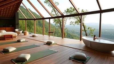 An idyllic wellness retreat setting with serene nature views, yoga mats, meditation cushions, and a tranquil spa area, inviting travelers to embark on a journey of relaxation, self-care, and inner peace.