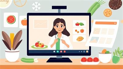 A digital illustration showcasing a virtual nutrition consultation session with a dietitian providing dietary advice on a screen, surrounded by images of healthy foods and nutritional charts, conveying a professional and supportive virtual nutrition experience for clients.