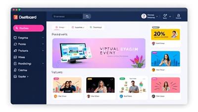 An online dashboard displaying a virtual event setup with customizable themes and interactive features, showcasing the platform's versatility and user-friendly interface.