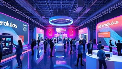 An artistic representation of a virtual event space with digital avatars interacting in a virtual world, showcasing a futuristic and immersive event experience, complete with virtual booths, networking lounges, and engaging presentations.